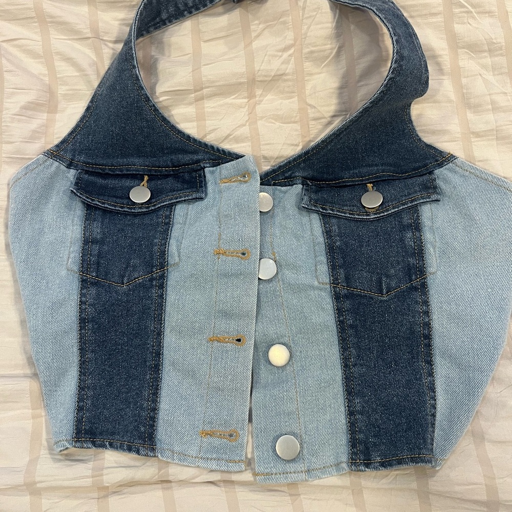 REVOLVE Denim Halter Top - Dark and Light Blue